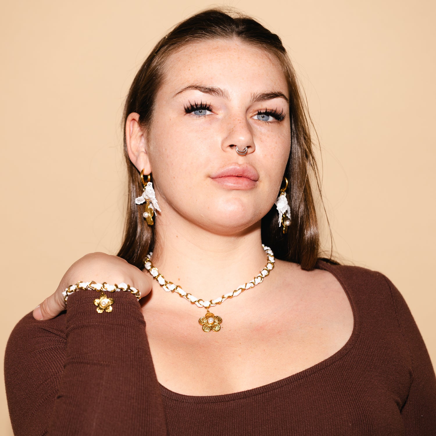 Aria Lace Bow Flower Hoop Earrings