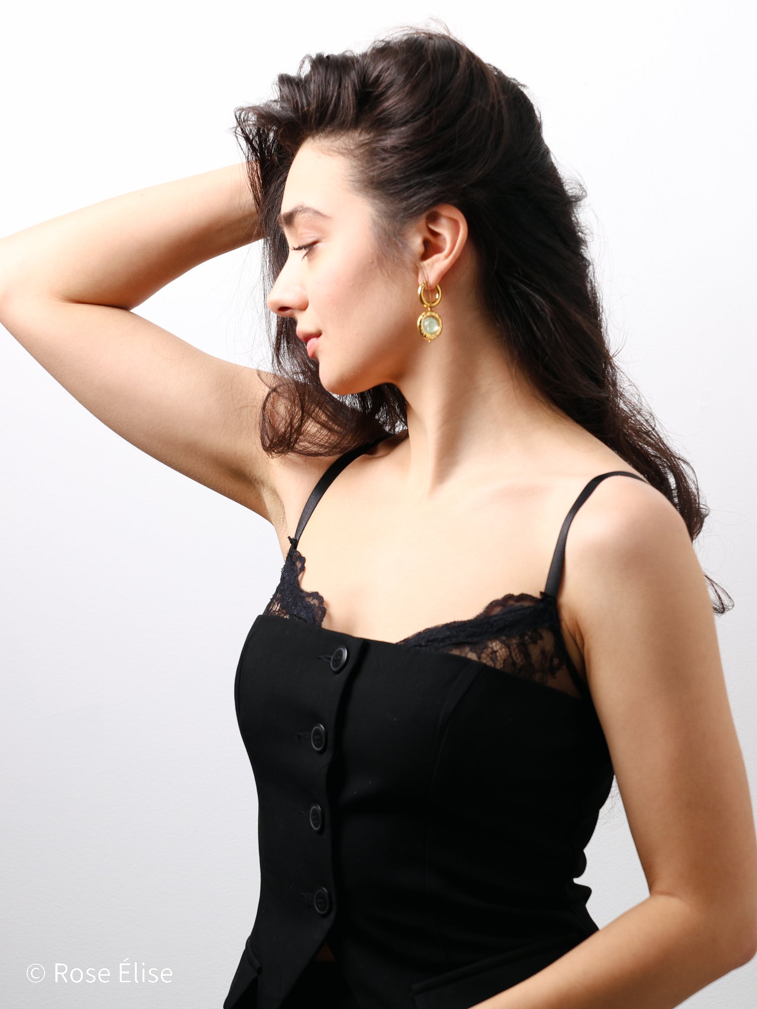 Jade - 18k Gold Hammered Frame Green Crystal Hoop Earrings