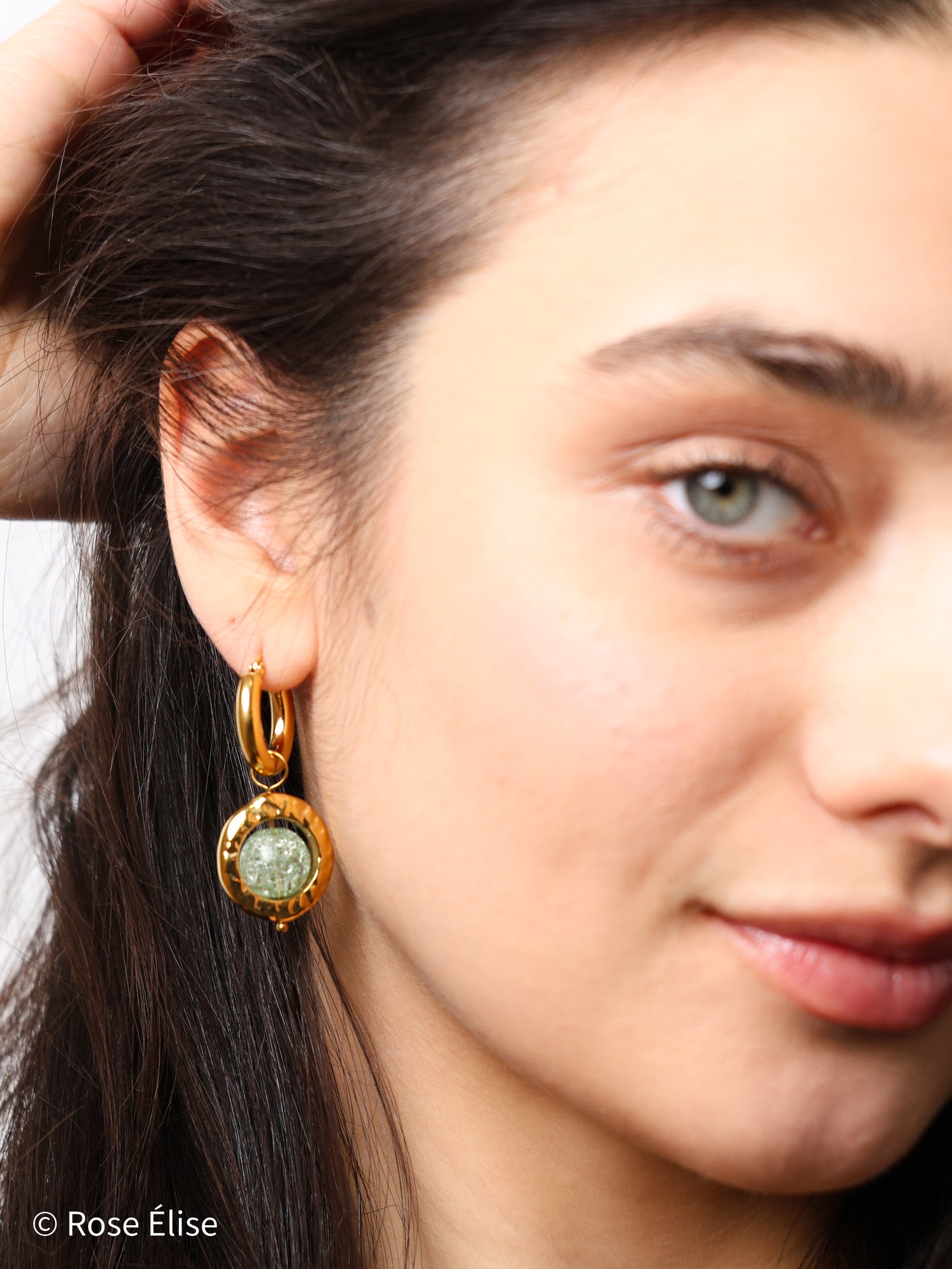 Jade - 18k Gold Hammered Frame Green Crystal Hoop Earrings