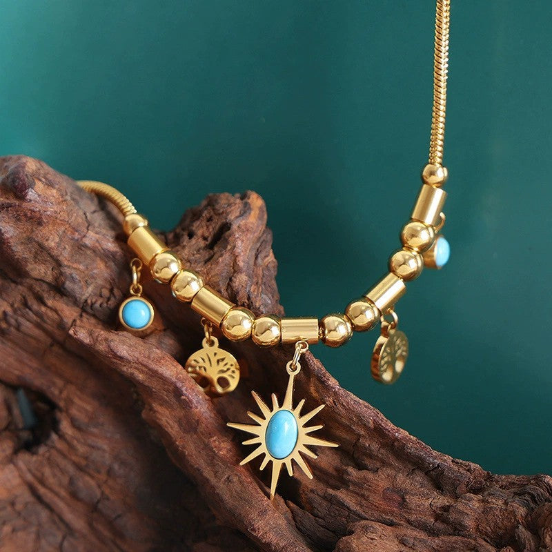 Azura - 18k Gold Turquoise Sun & Tree of Life Necklace
