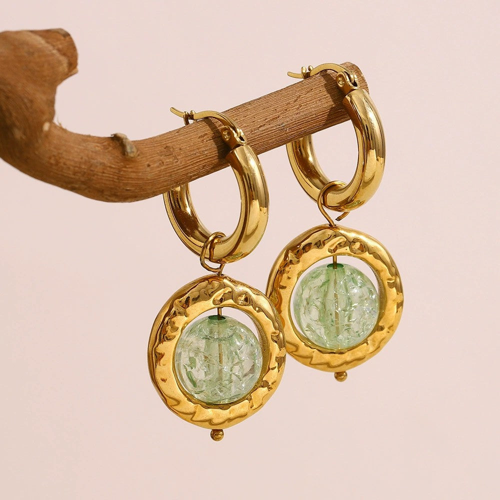 Jade - 18k Gold Hammered Frame Green Crystal Hoop Earrings